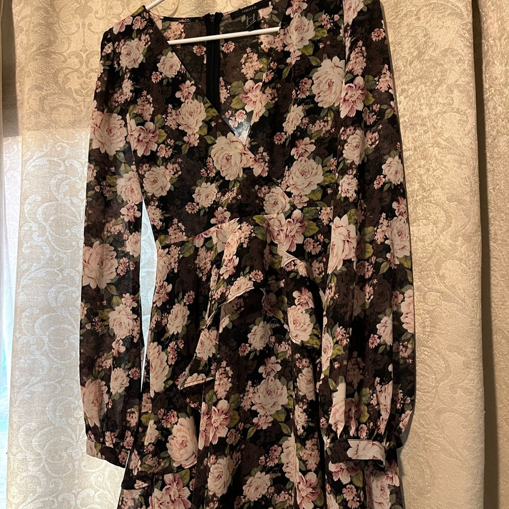 Forever 21 Pink Floral A-Line Dress with Bishop Sleeves